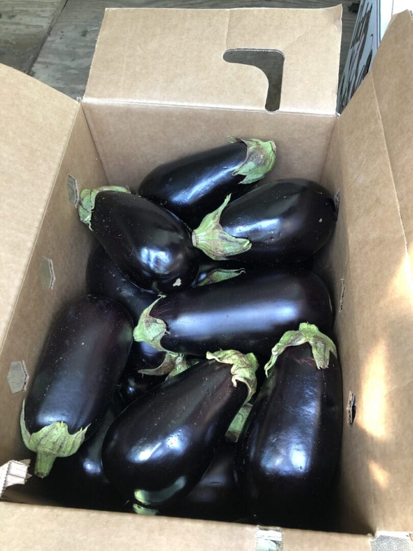 Cardboard box full of eggplants sitting on top of a table