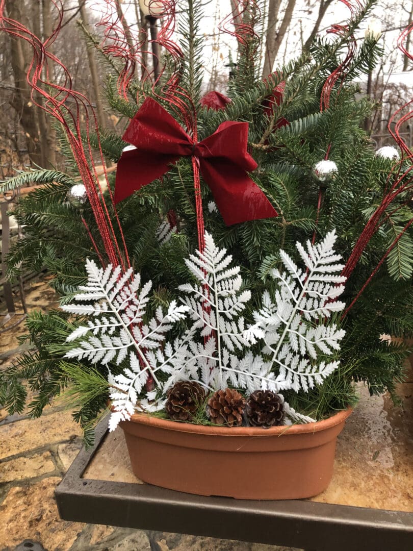 Tree with a red bow on top of it, sitting on a table surrounded by trees