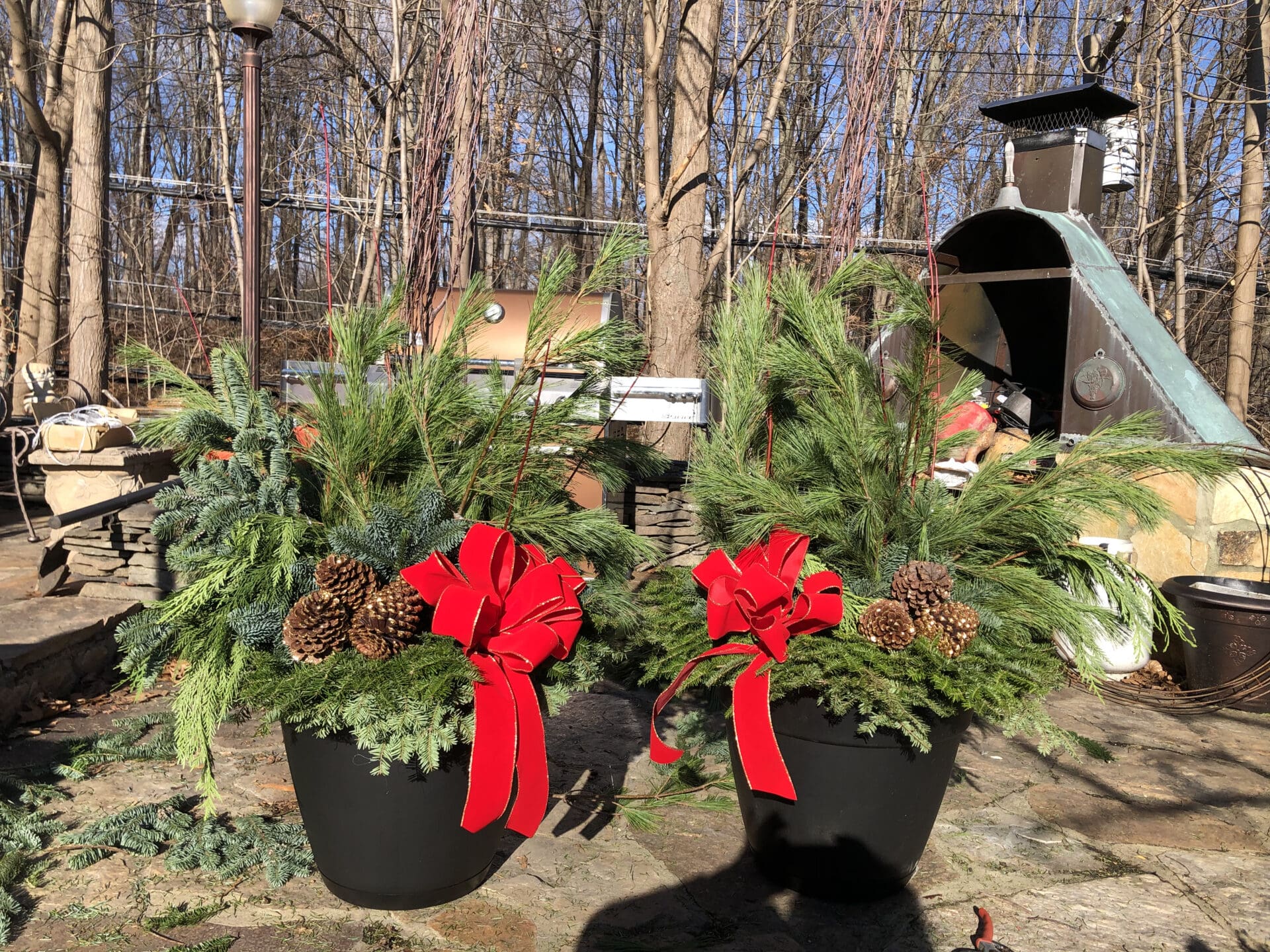 Two potted plants with red bows and pine cones sitting on top of a patio surrounded by trees