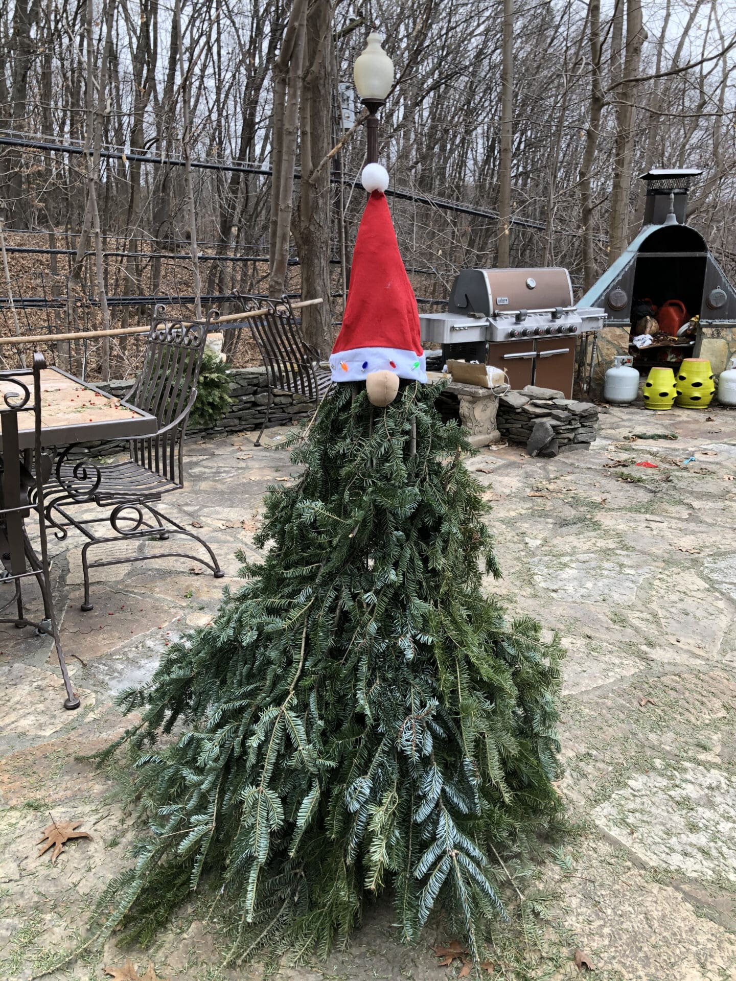 Christmas tree with a Santa hat on top of it, surrounded by a table and chairs, a light pole
